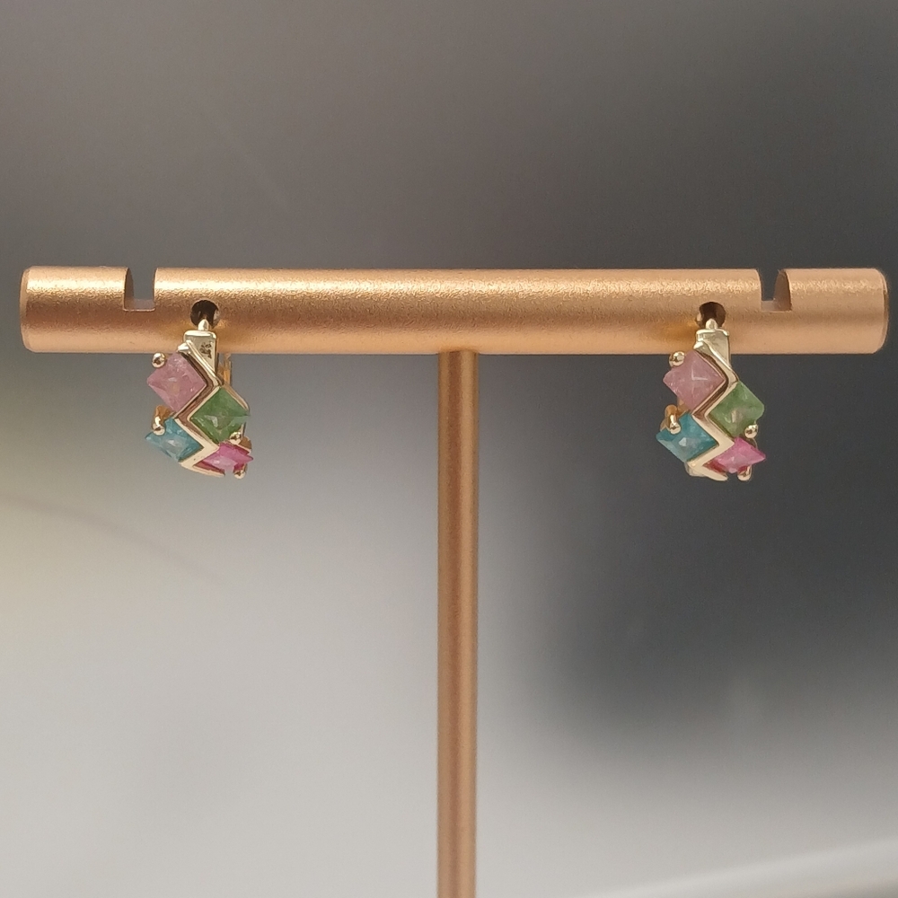 New Gold Plated Galaxy Multicolor Gemstone Geometric Earrings Snap Back Huggy